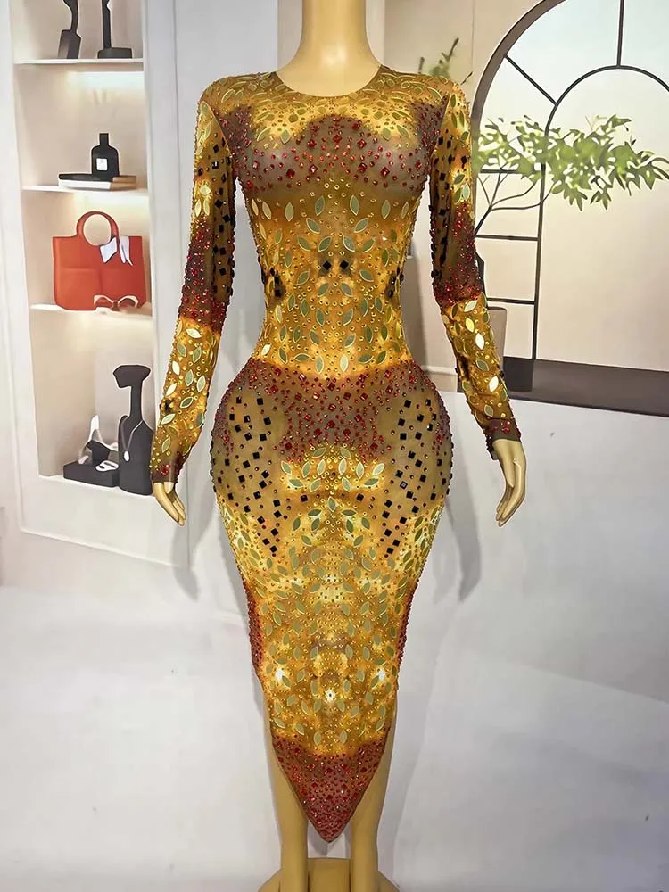 Hoge kwaliteit strass spiegel glitter onregelmatige rok elastische jurk 2025, nieuwe mode aangepaste dameskleding