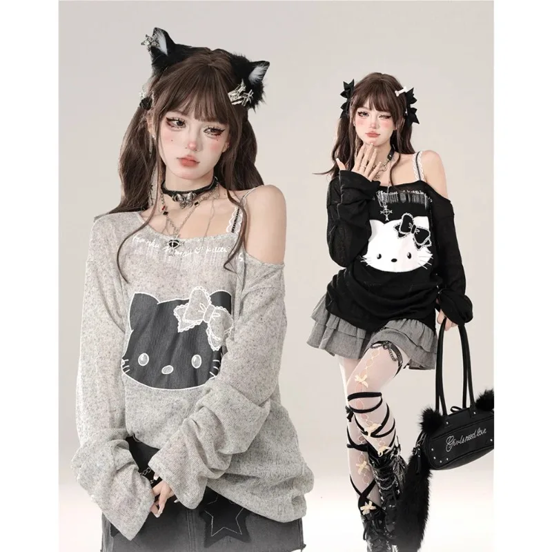 Sanrio Cartoon Cute Hello Kitty American Style Gray Long Sleeve T Shirt Women's Spring Summer Loose Strapless Fake Two Top