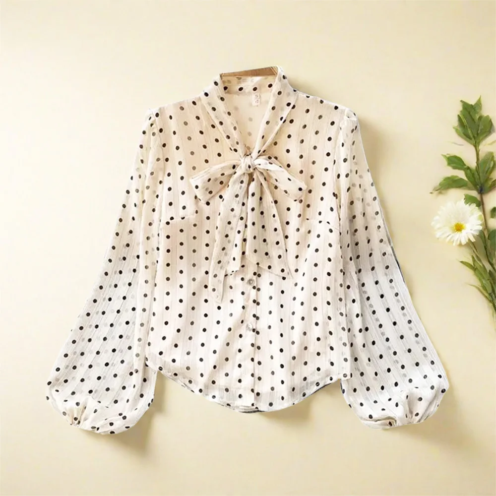 Cream Polka Dot Bow Neck Elegant Chiffon Long Sleeve Loose Women\'s Blouse Shirt Female Clothing Tops Women Clothing Fashion 2024