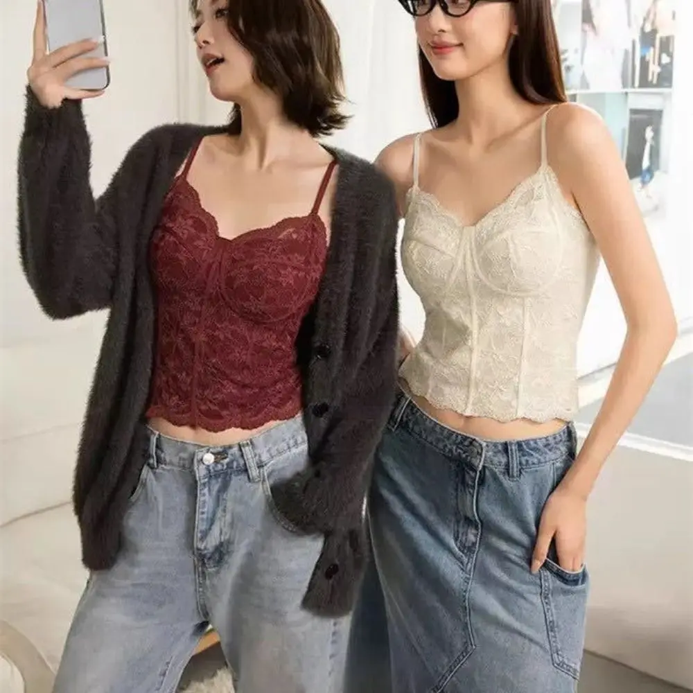 

Fashion Mesh Flower Slim Lace Crop Top Bottoming Shirt Sweet Girl's Vest Top Spicy Girls Style Summer Camisole with Pads Women