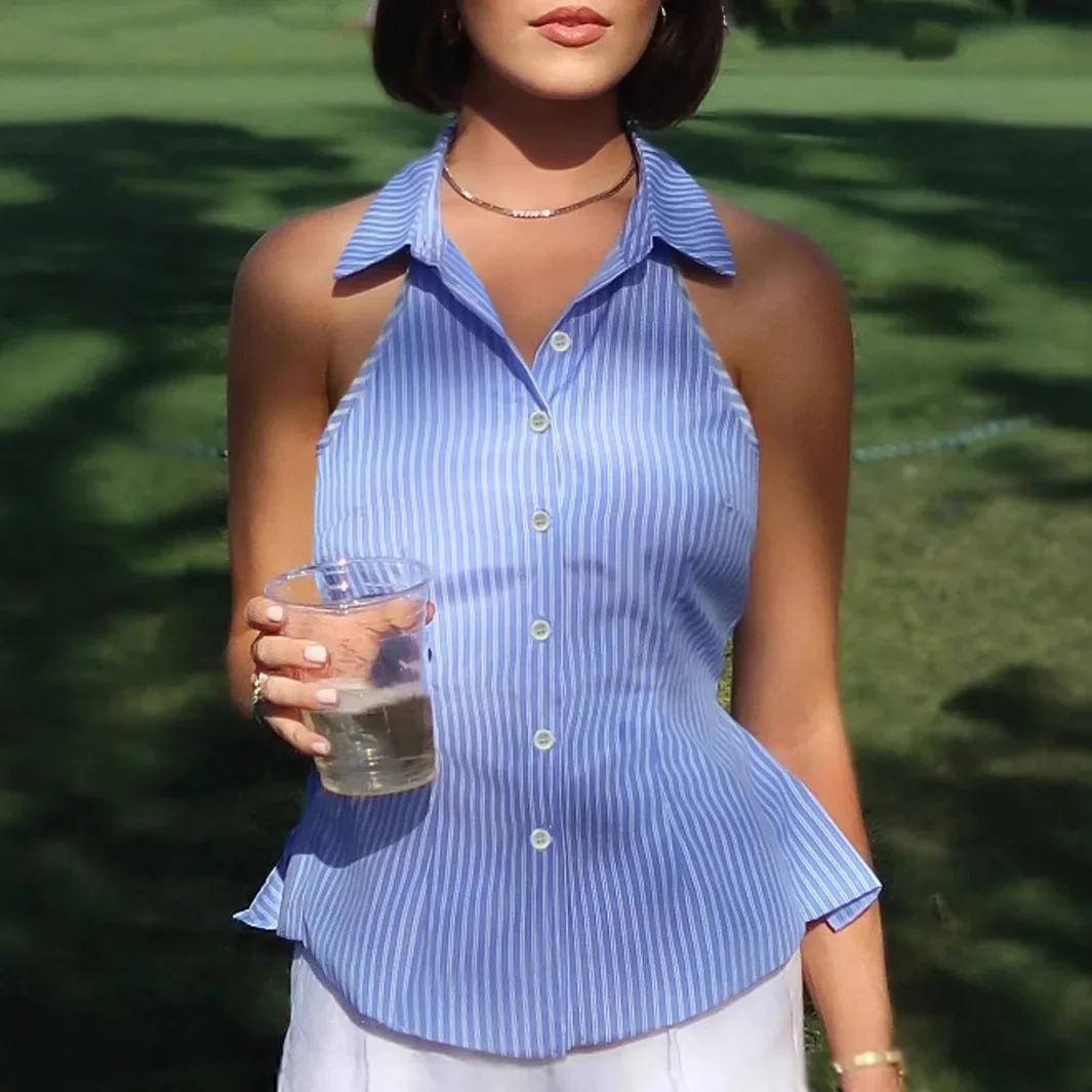 

2025 Summer New Women's Striped Sleeveless Backless Camisole Top Paired With Lace Up Women's Shirt