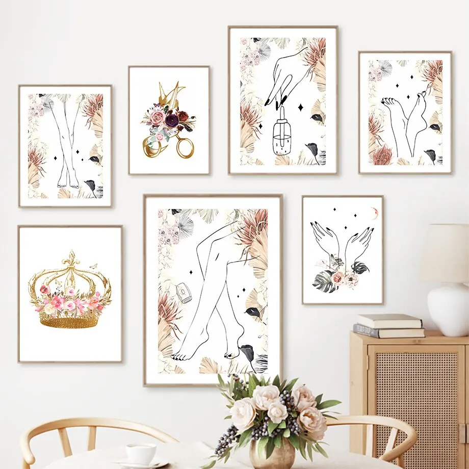 Boho Floral Scandi Wall Art Canvas Painting  Nordic Posters and Prints for Beauty Salon Spa   Pedicure Scissor Nail Art  Ho