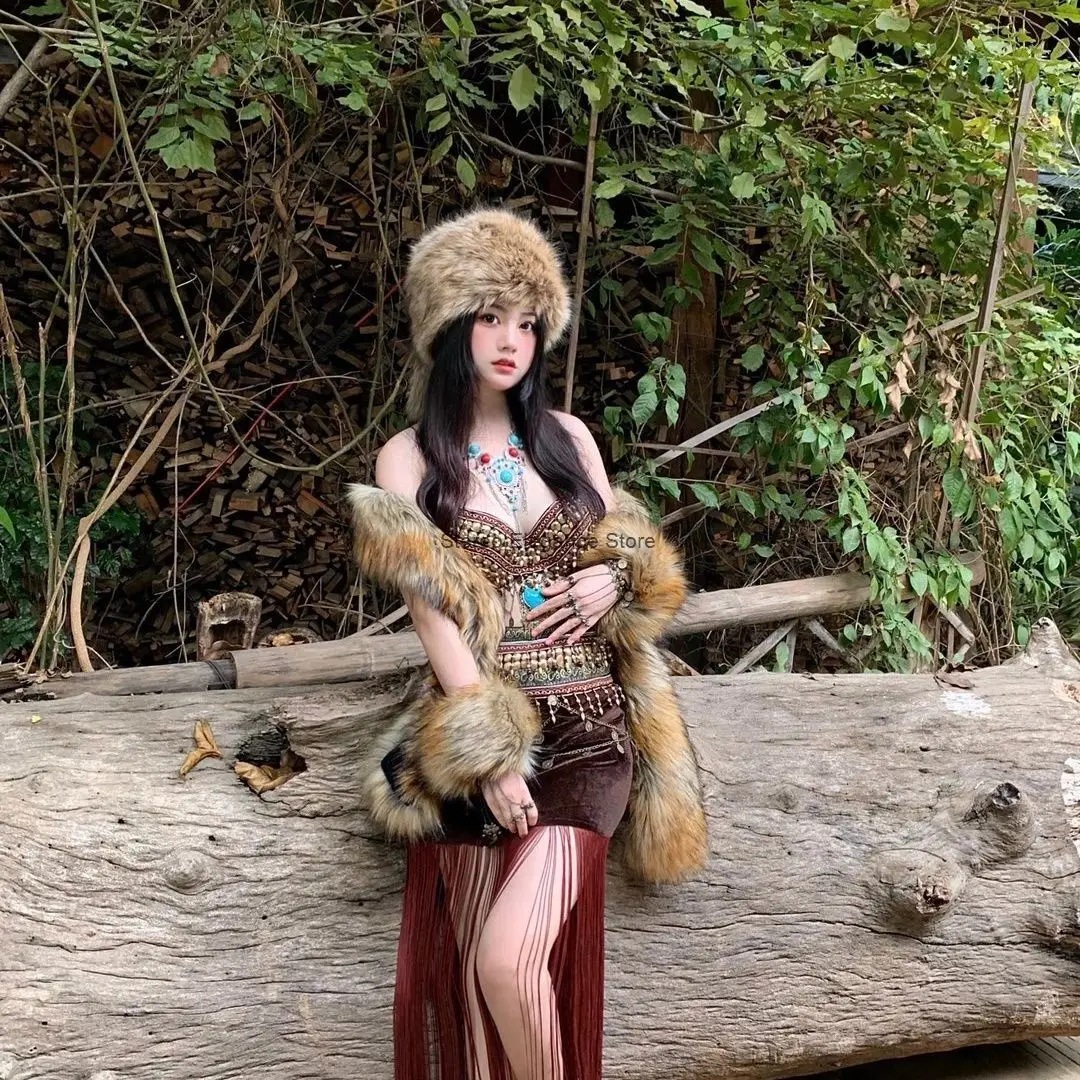 Exotic Style Tribal Princess Clothing Wild Ethnic Style Fur Expose Waist Belly Dance Dress Travel Stage Performance Winter