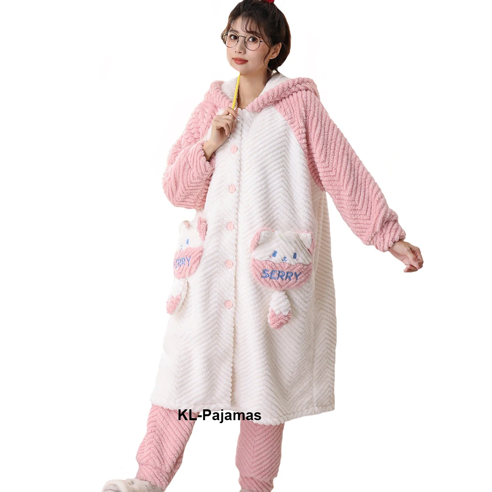 

Winter Coral Velvet Pajamas Set Sweet Pink Bathrobes Sleepshirt Women's Thicken Plush Cartoon Flannel Nightgown Two-Piece Suit