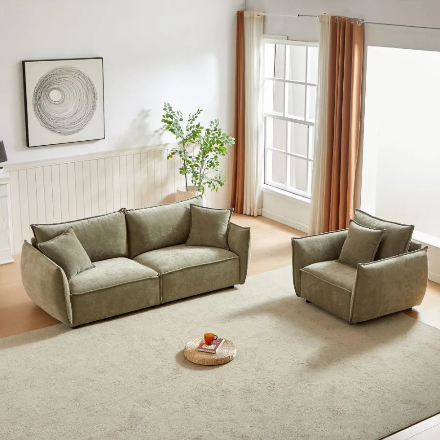 

3Seater + 1Seater Combo Sofa Modern Living Room Sofa Linen Fabric Sofa Wooden Frame with 3 Pillows Apartment Sofa Furniture