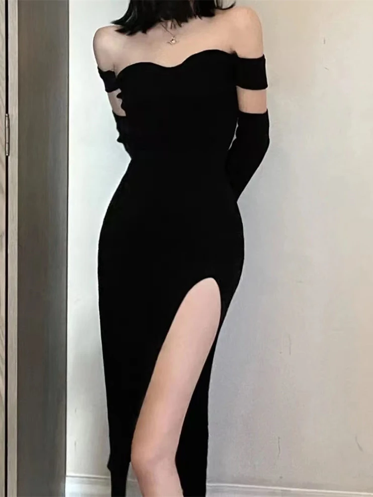 Spring Autumn Fashion Women Sexy Split Off Shoulder Rib Knitted Black Dress Female Club Party Y2K Bodycon Vestidos Clothes