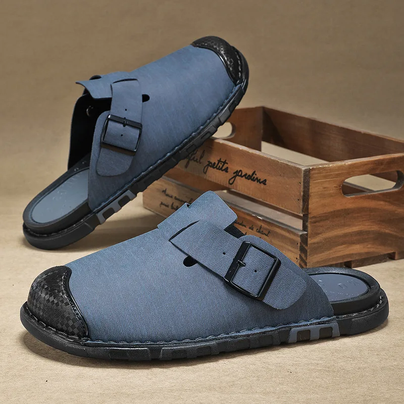 

Новое поступление, синие модные шлепанцы для мужчин, удобные получешки на плоской подошве, большой размер 47, повседневные мужские тапочки с закрытым носком, chanclas de hombre