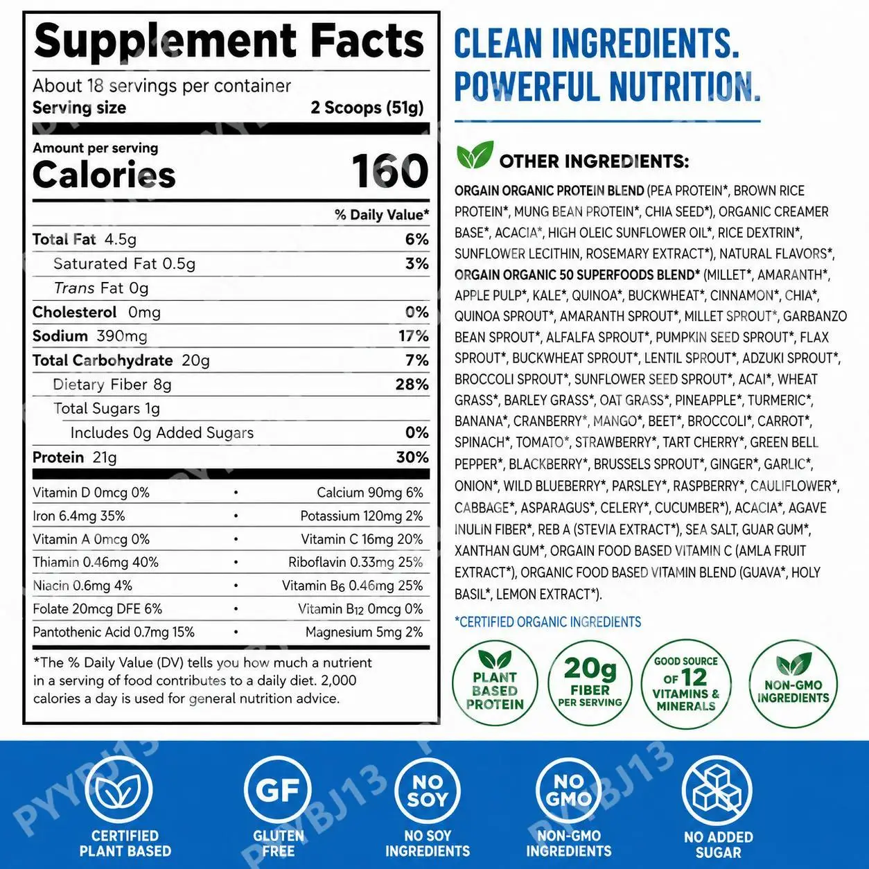 Plant-Based Protein Powder with 21g Plant Protein, Vegan, Gluten Free, No Added Sugar, 50 Superfoods Blend, 18 Servings