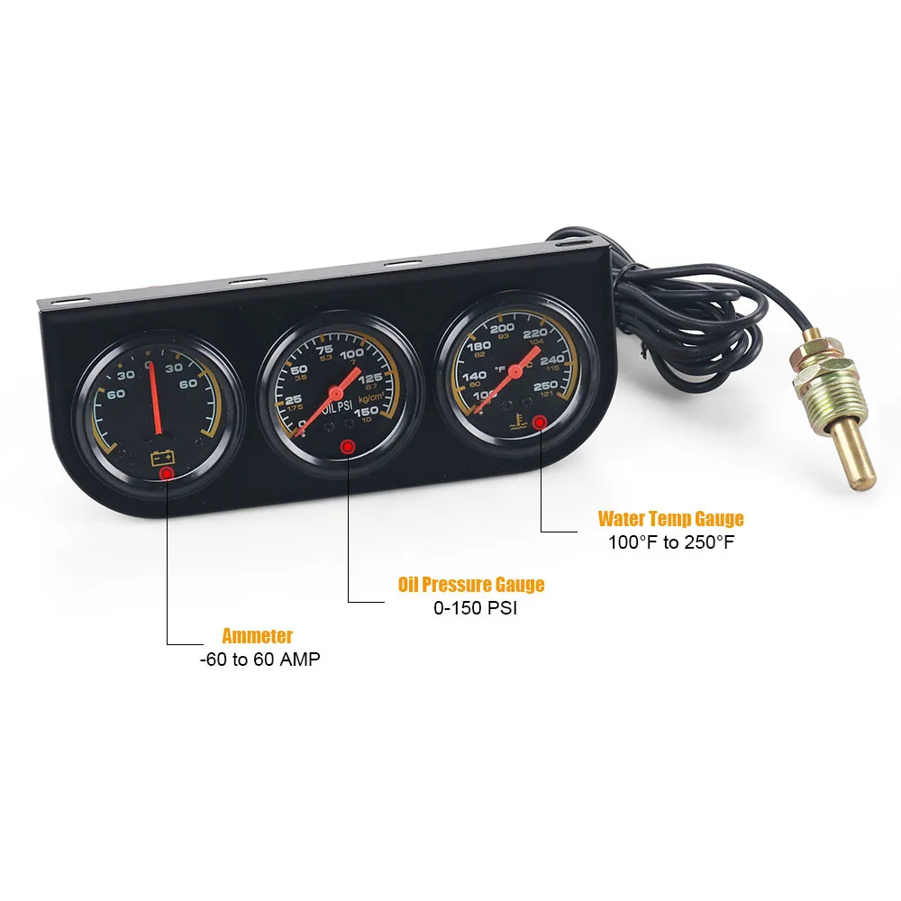 

3in1 Water Temp Gauge 52MM Oil Pressure Gauge AMP Volt Meter 12V Kit Car Triple Gauge With Sensor