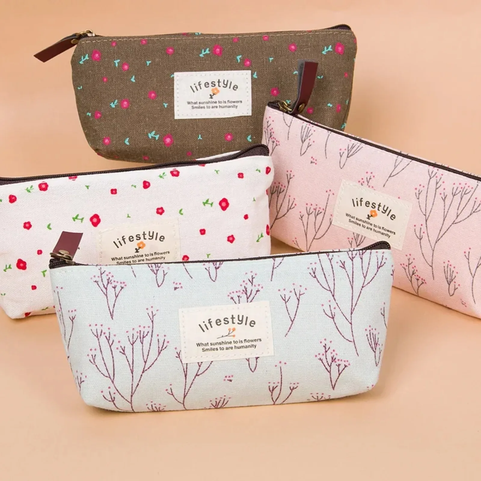 Cute Kawaii Floral Flower Canvas Zipper Pencil Cases Fabric Flower Tree Pen Bags School Supplies