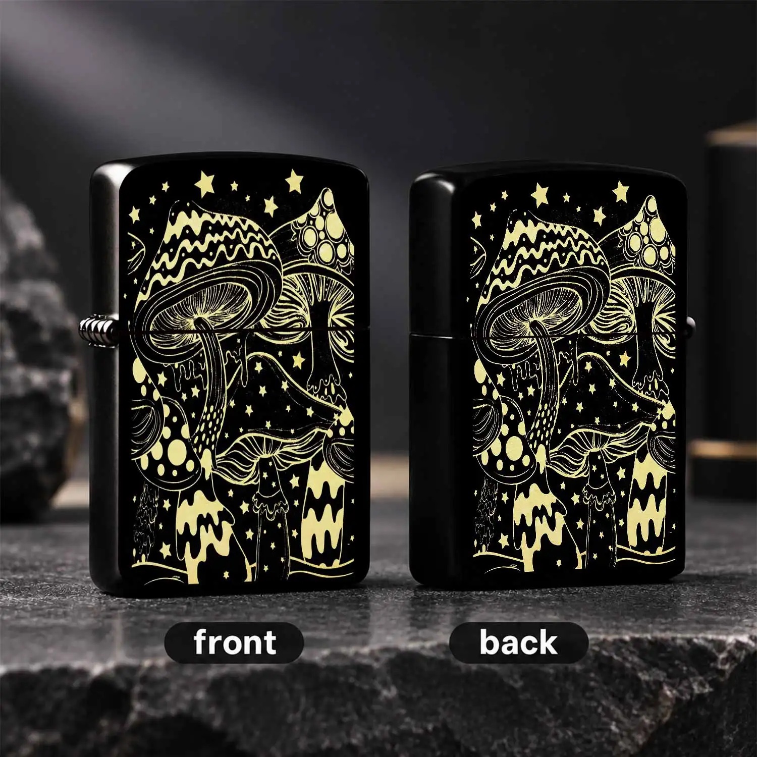 Psychedelic Starry Mushroom Art Lighter Creative Retro Line Draft Style Gold Tone Aesthetic Portable Decor Accessory Suitable For Daily Gathering Camping Various Scenes Unique Fun Gift For Friends And Hobbyists A Humorous And Interesting Li