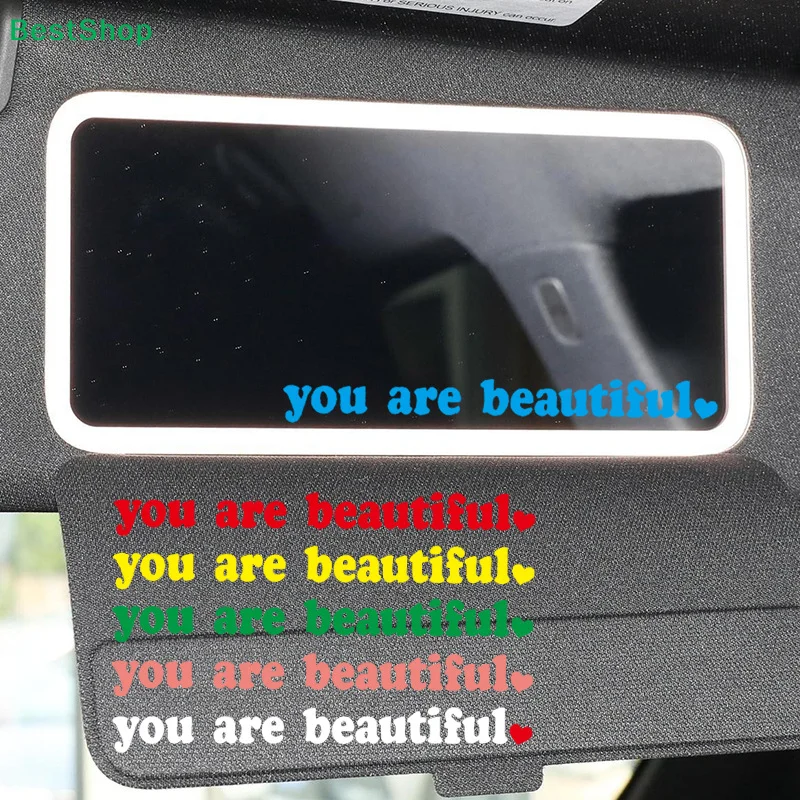 

〔R〕"You Are Beautiful" Car Vanity Mirror Decal, Colorful Heart Text Sticker for Car Sun Visor Mirror Decor