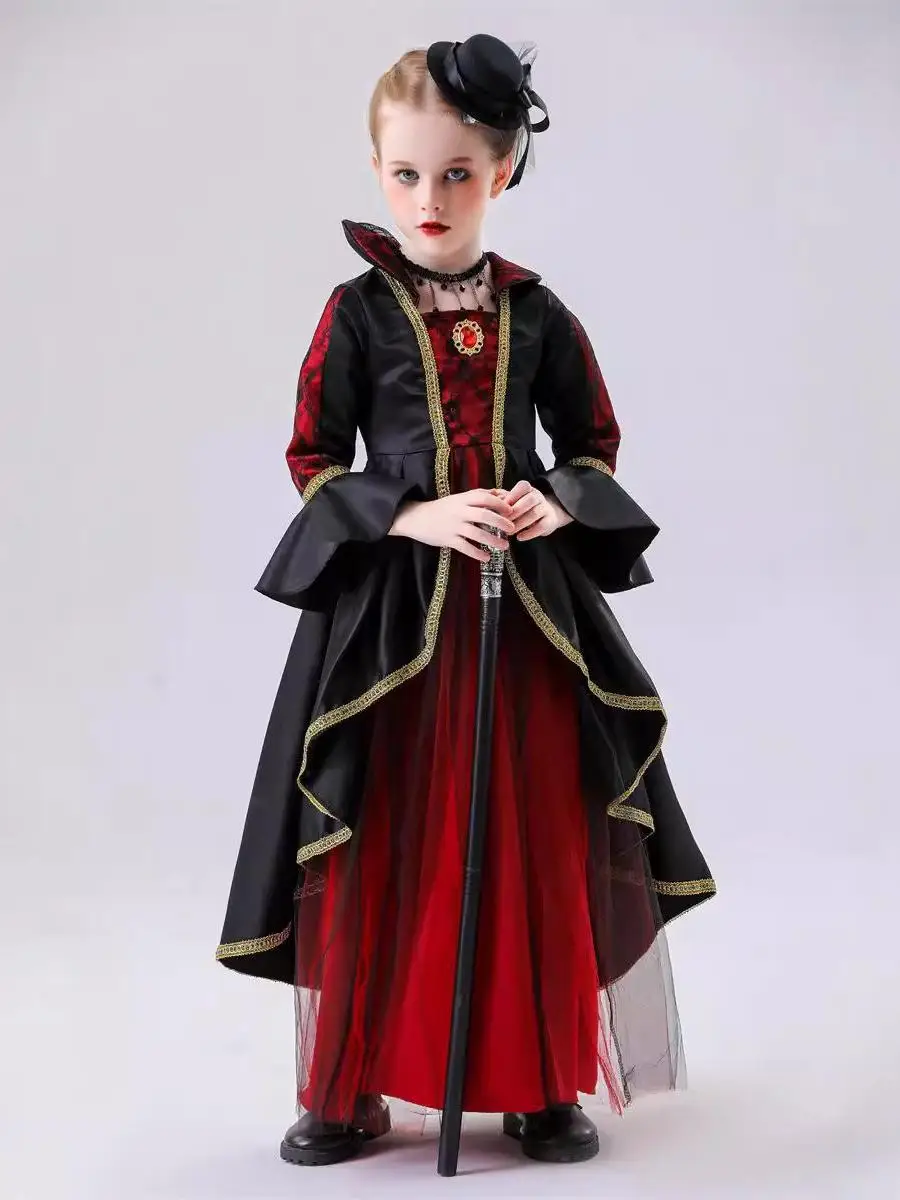 

2024 New Dark Princess Skirt Halloween Role Play Witch Costume for Girls Stage Performance Clothes Polyester Material