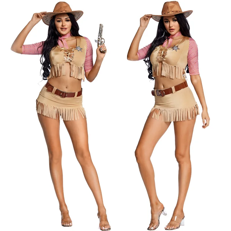 Halloween Western Pioneer Cowboy Kostüm Erwachsene Separate Quaste Wrap Brust Ort Rock Denim Sle Festliches Par Outfit