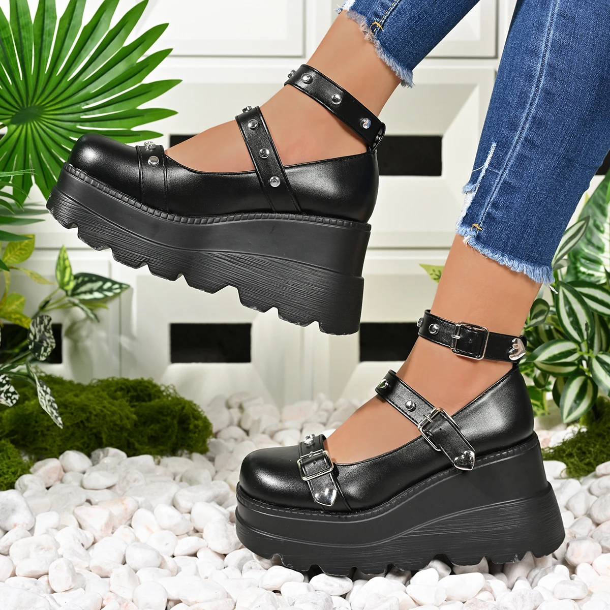 

Mary Jane Women's High Heels Shoes Platform Thick Sole Wedges Heeled Party Footwear Muffin Gothic Loafers Female Pumps Cosplay
