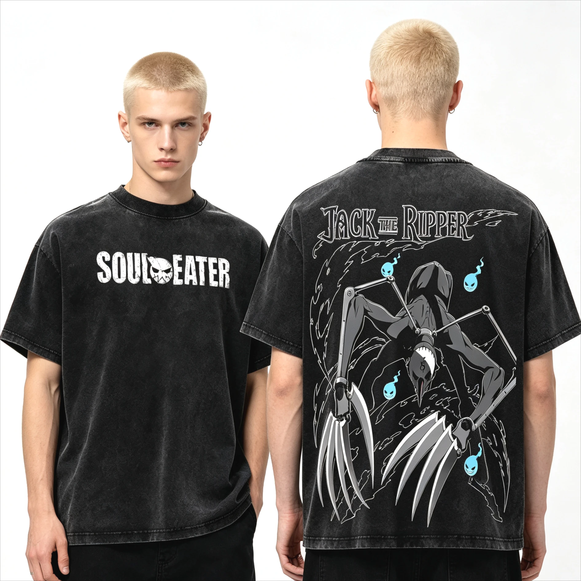Summer Hot Sale Anime Soul Eater Washed T-shirt Y2K Men Women Retro Vintage Harajuku T Shirt Cotton Gothic Round T-shirt