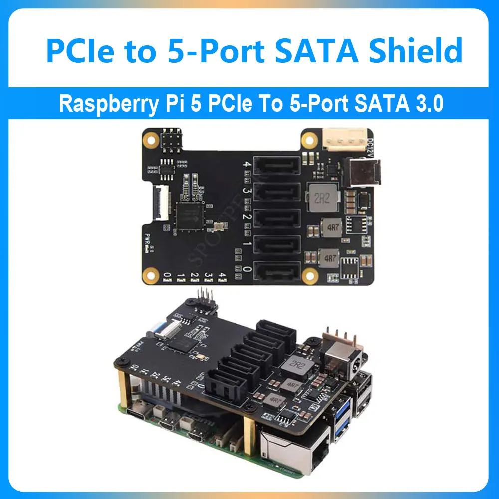 TopElec X1009 Raspberry Pi 5 PCIe To 5-Port SATA  SATA3.0 Expansion board HTA+ SATA2.0/1.0 (NOT BOOT From SATA) for Raspberry Pi