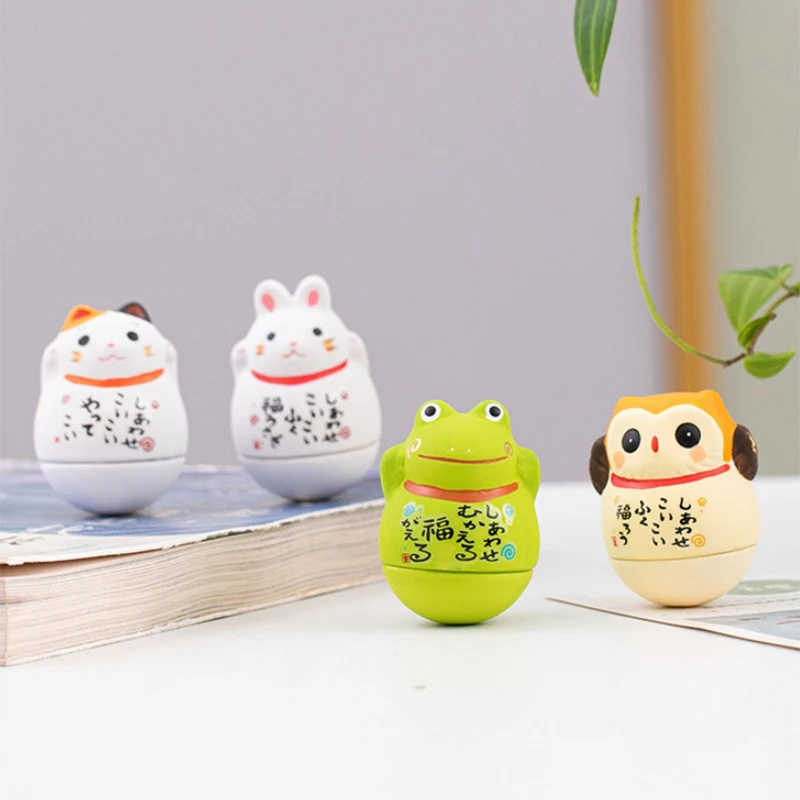 Japanese Ceramic Lucky Cat Frog Owl Rabbit Tumbler Daruma Crafts Cartoon Lucky Cat Ornaments Landscape Home Decor AnimalsStatue