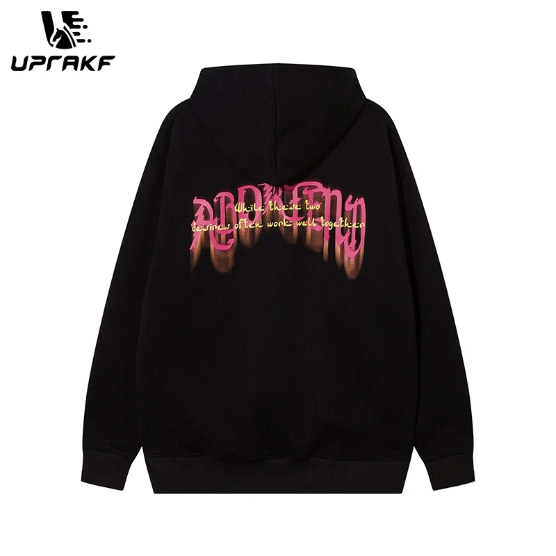 UPRAKF Hooded Sweatshirt Men Loose Long Sleeve Burning House Pattern Letter Print Casual Oversize Autumn Korean Style Tops Emo