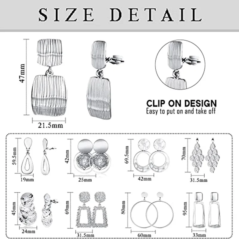 Clip-Ohrringe für Damen, große geometrische quadratische, rechteckige, runde Clip-Hängeohrringe, nicht durchbohrte Ohrringe, Set – Detail 9