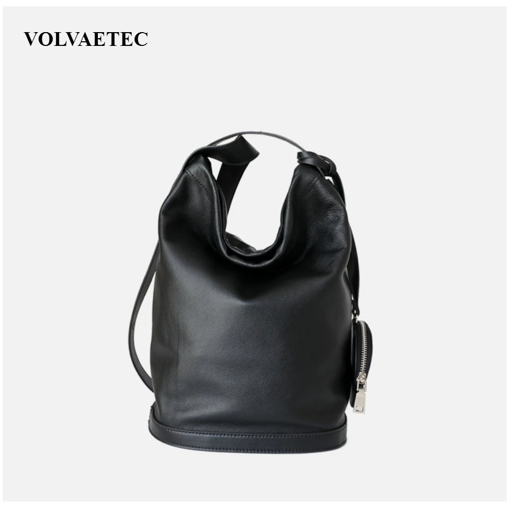 VOLVAETEC Autumn and Winter Frosted Cowhide Bucket Bag Niche Design Real Leather Casual Lazy Shoulder Messenger Women's Bag