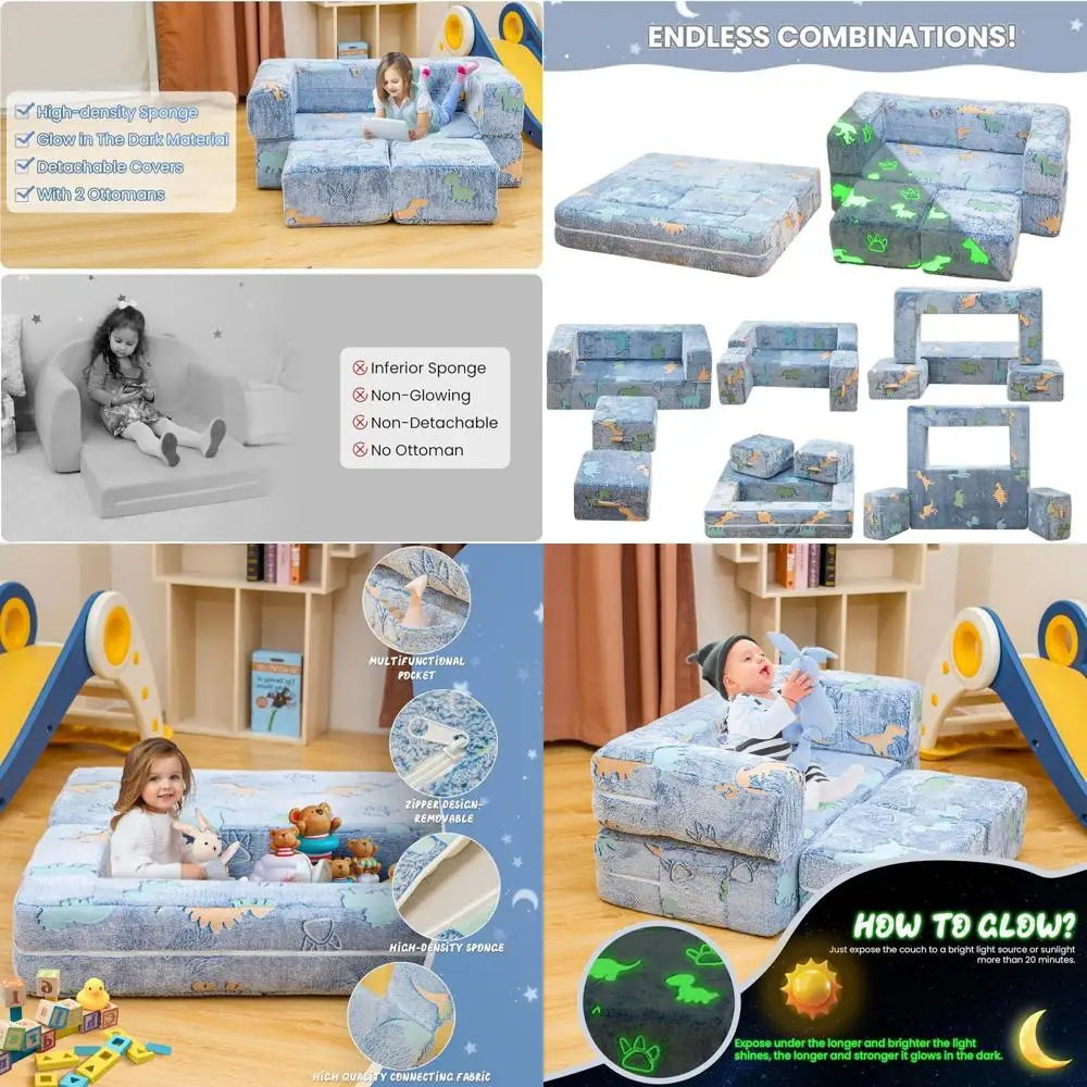 

Blue Dinosaur Themed Toddler Sofa, Fold-Out Play Couch with Glow-in-the-Dark Feature for Kids' Playroom and Bedroom