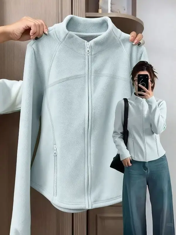 

Утепленный флисовый топ для йоги больших размеров, модный кардиган с открытыми плечами, воротником-стойкой, длинными рукавами и молнией