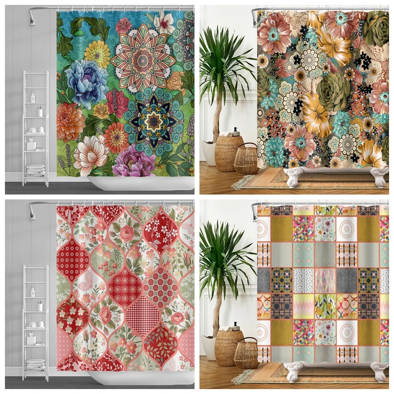 

Boho Big Flowers Shower Curtain for Bathroom Decor Floral Bathtub Screen Washable Waterproof Fabric Curtains with Hooks 180x200