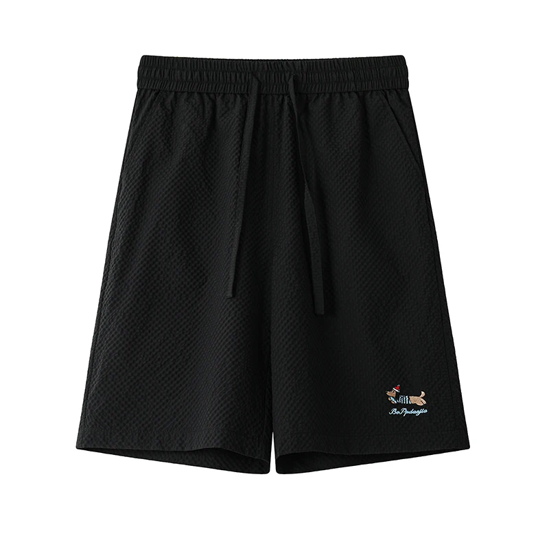 Sausage Dog Embroidered Shorts Men Summer Bubble Cloth Five-Quarter Pants Outdoor Hiking Running Comfortable Loose Shorts Men
