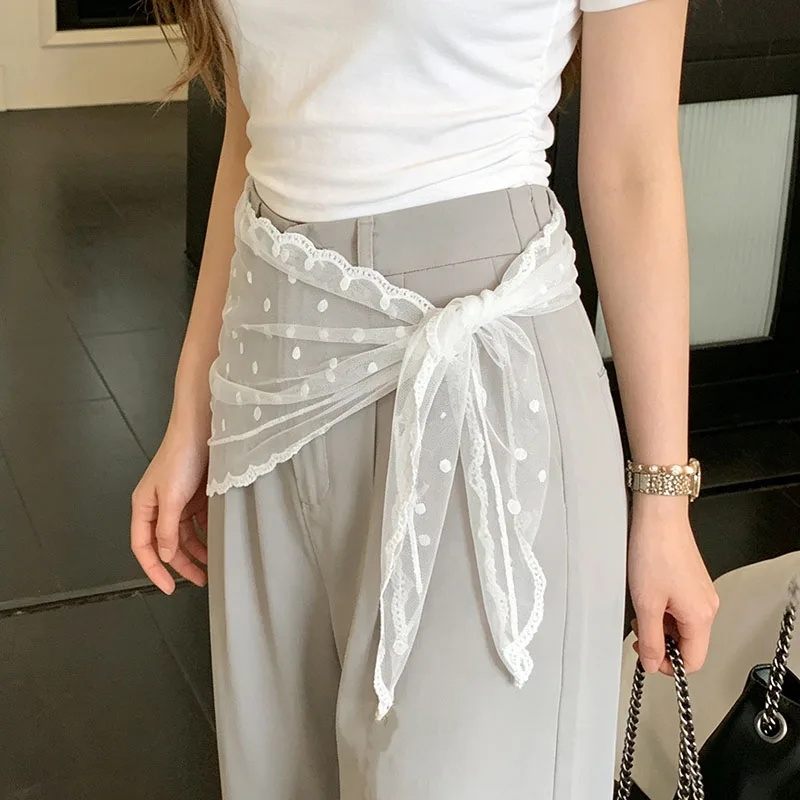 Elegant White Polka Dot Lace Triangle Hip Skirts Hair Scarf Wraps Women Headscarf Stacked Lace Half Skirt Layering Butt Curtain