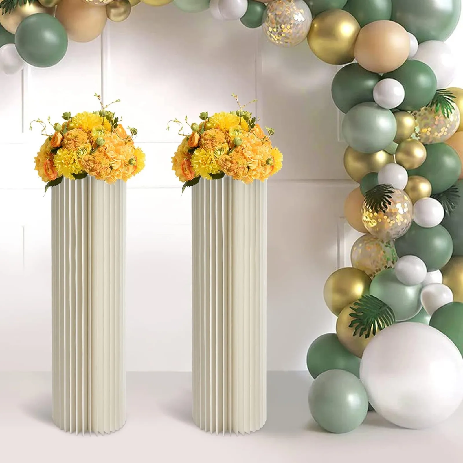 2 Pcs Display Pedestals, Foldable Paper Columns, Cream White Wedding Centerpieces Display, Cylinder Flower Stand, for Engagement Birthday Party Decoration