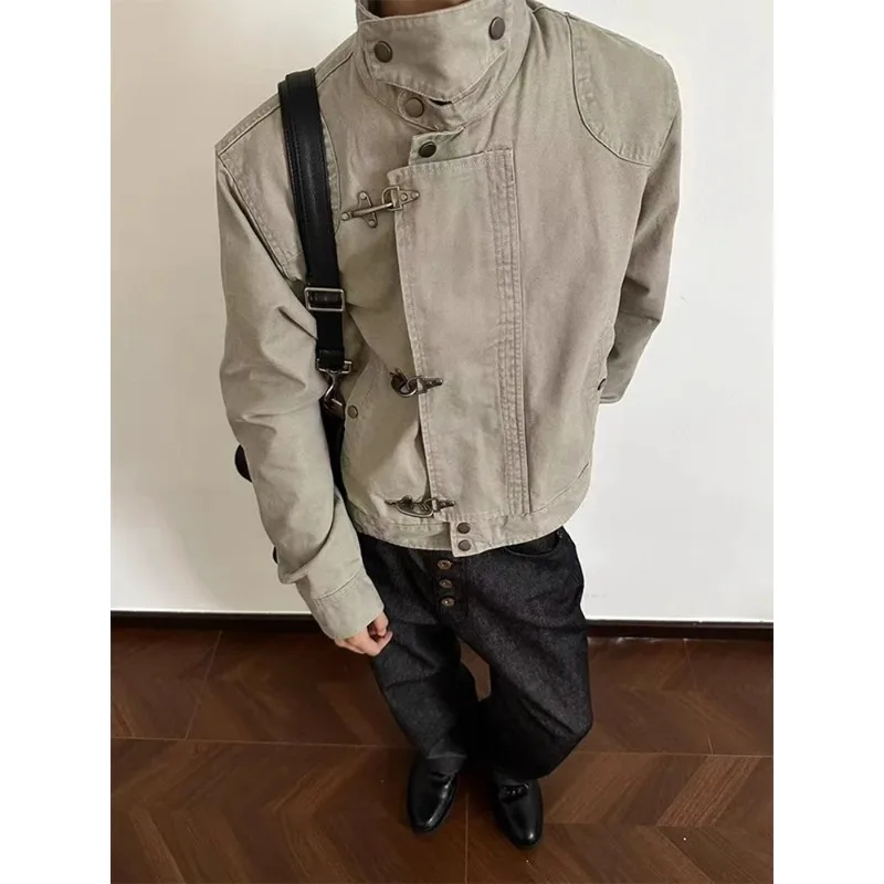 

2026 airplane buckle lapel jacket men's and women's spring and autumn American retro vintage short and wide workwear