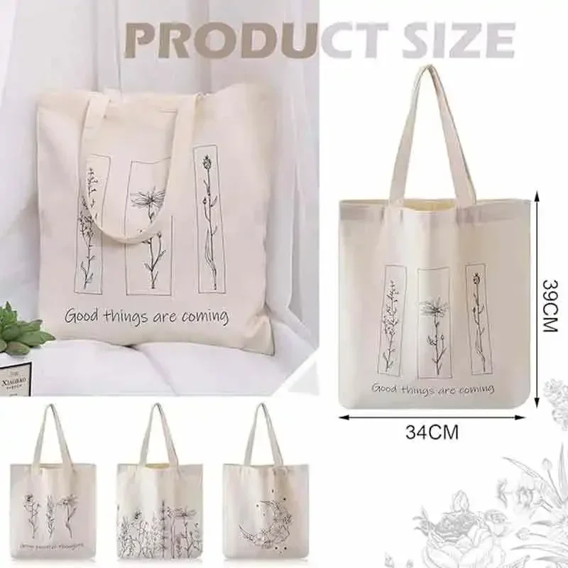 BBA157 4 Pcs Canvas Tote Bag for Women Floral Cat Mushroom  s Aesthetic Reusable Shopping  