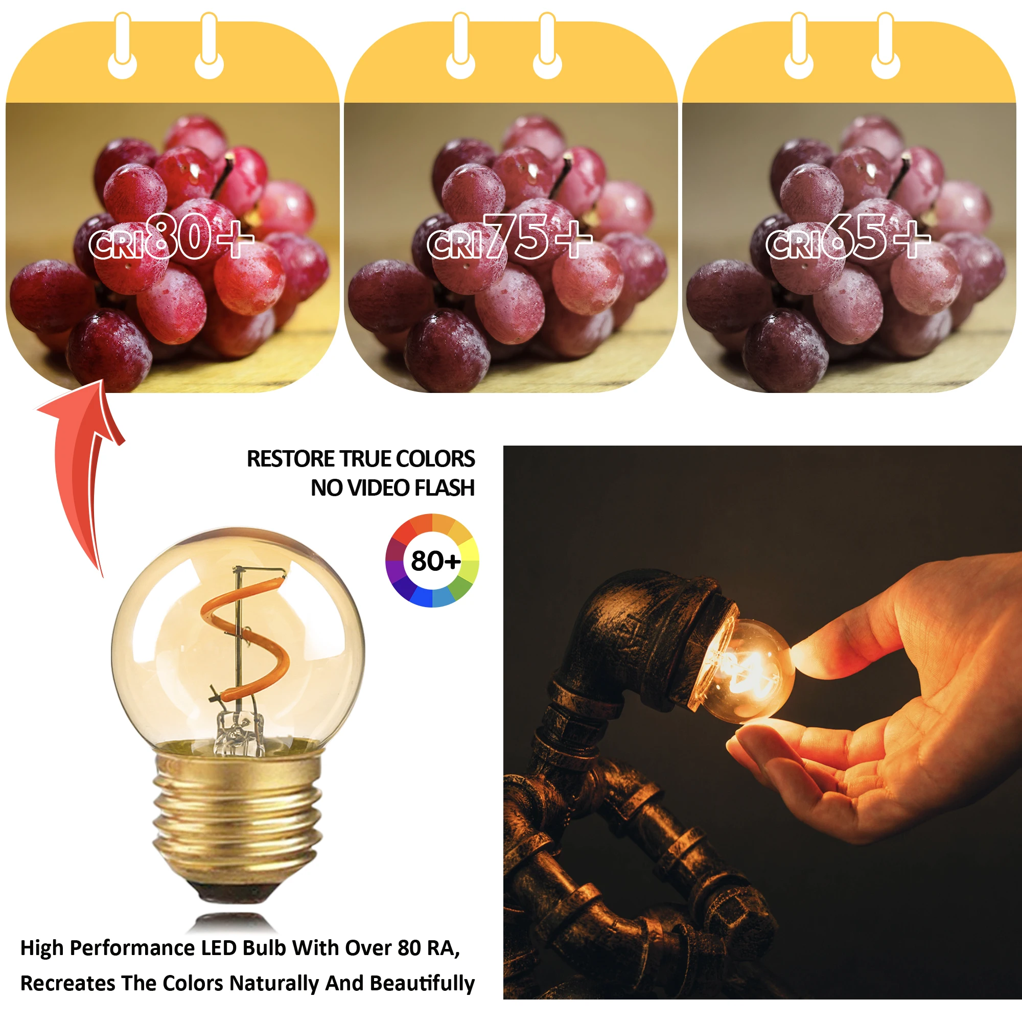 E27 Base Spiral LED Filament Light Bulbs Amber Glass Dimmable 1.5W Small Globe Decor Bulbs For G40 String Light Indoor Lighting