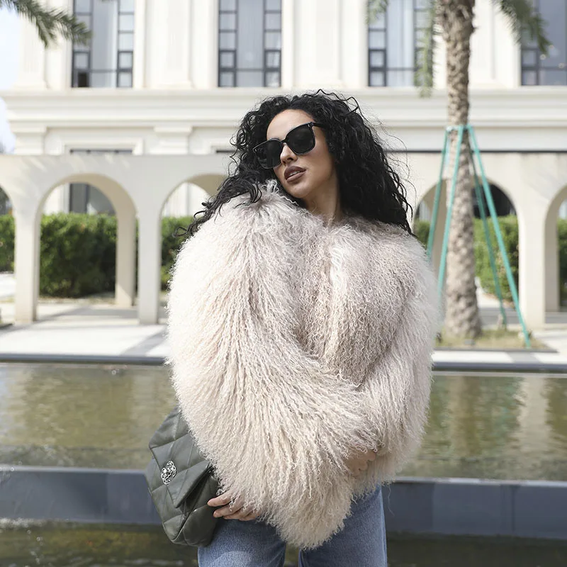 Mongolian Fur Coats Fur Jacket Women Elegant Beige Fluffy Solid Thicken Warm Long Sleeves Coats Short Winter Real Sheep Fur