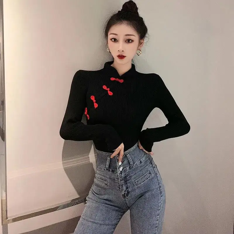 2023 Black Sexy Asian Clothes Oriental Chinese T Shirt Long Sleeve Asian Streetwear Cheongsam Top Chinese Style Clothing Women