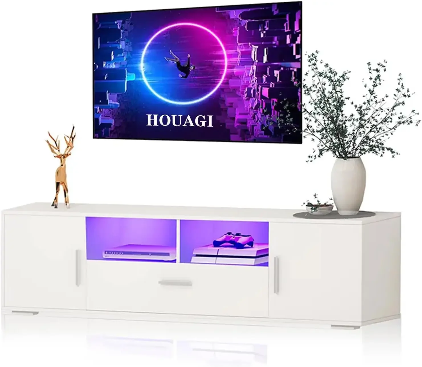 

HOUAGI LED TV Stand, Modern White Entertainment Center with Drawers, Ideal TV Stands for Living Room and Bedroom, Fits TVs Up