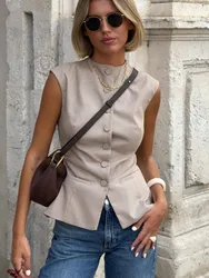 Vintage Woman Sleeveless Pocket Vest Loose Female Single Breasted Streetwears Elegant Office Party ladies Tops girls Outwear