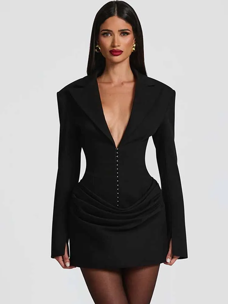 BKQU Deep V Neck Ruched Sexy Mini Dress Women Fashion High Waist Long Sleeve Formal Office Blazer Dresses Elegant Party Gowns