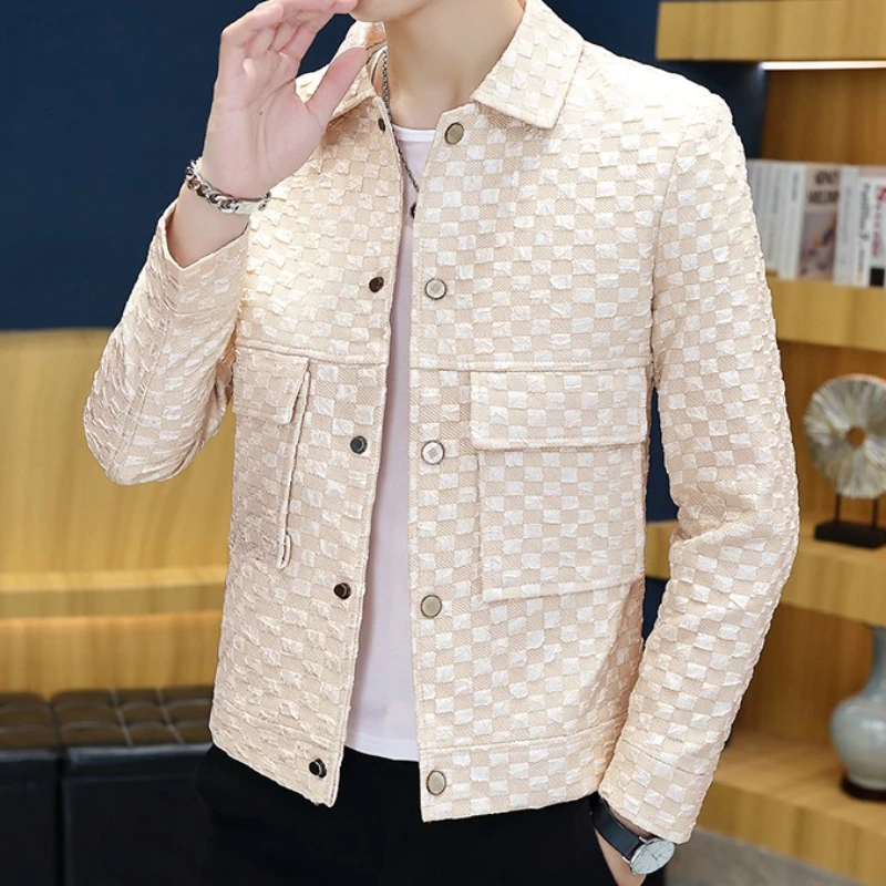 High Quality Checkered Casual Jacket for Men Fashion Lapel Business Versatile Jacket Social Streetwear Windbreaker Coat 2025