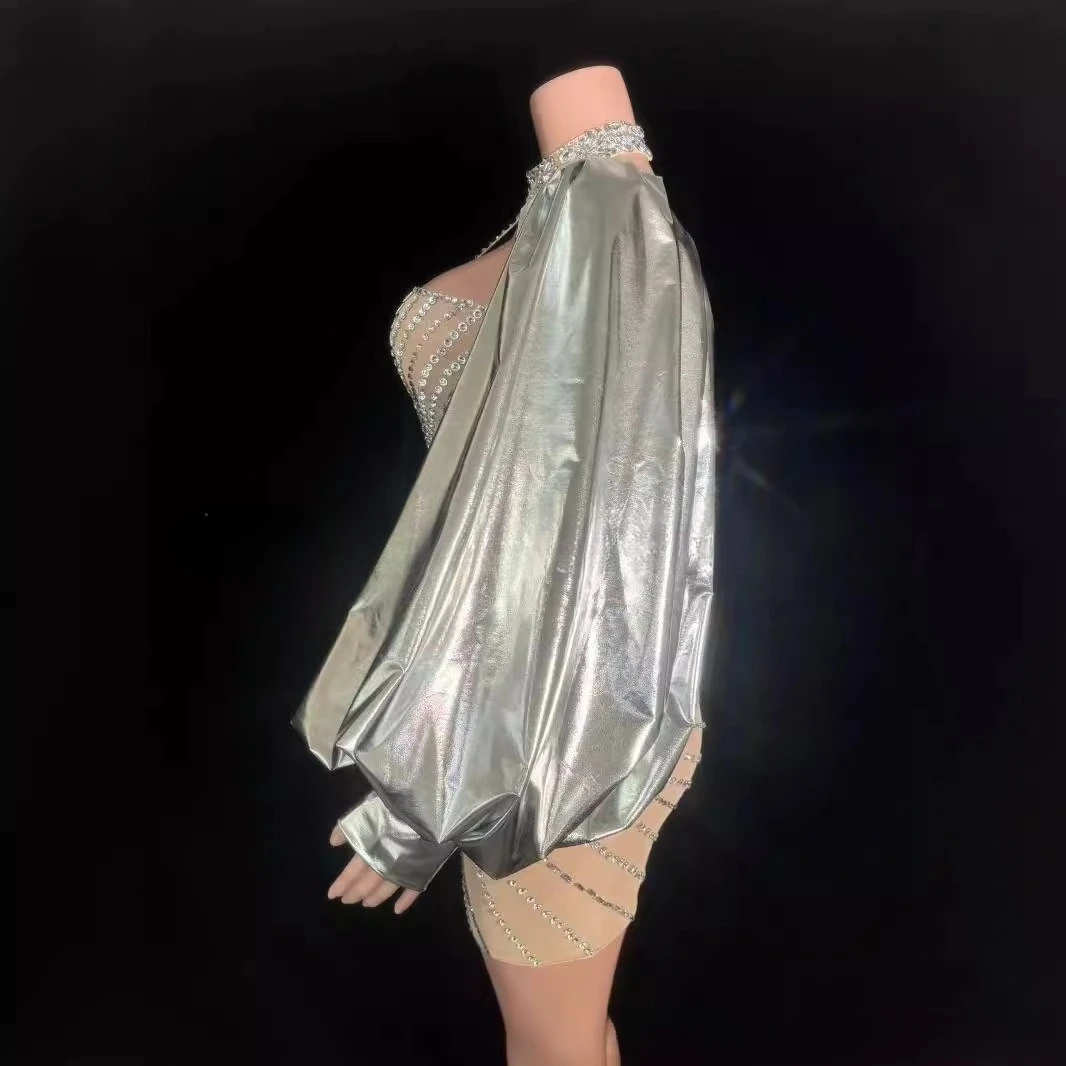 Abiti da spettacolo Collo Maniche a palloncino argento Abito da festa di moda Cos Abito da strada personalizzato Gruppo femminile che canta Abiti sexy