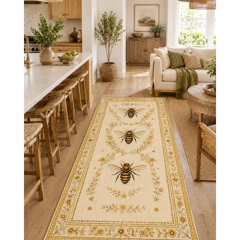 VIKAMA Honeybee Kitchen Mat, Non-Slip Washable Floor Mat, Rustic Farmhouse Decor Rug, Housewarming Gift for Home