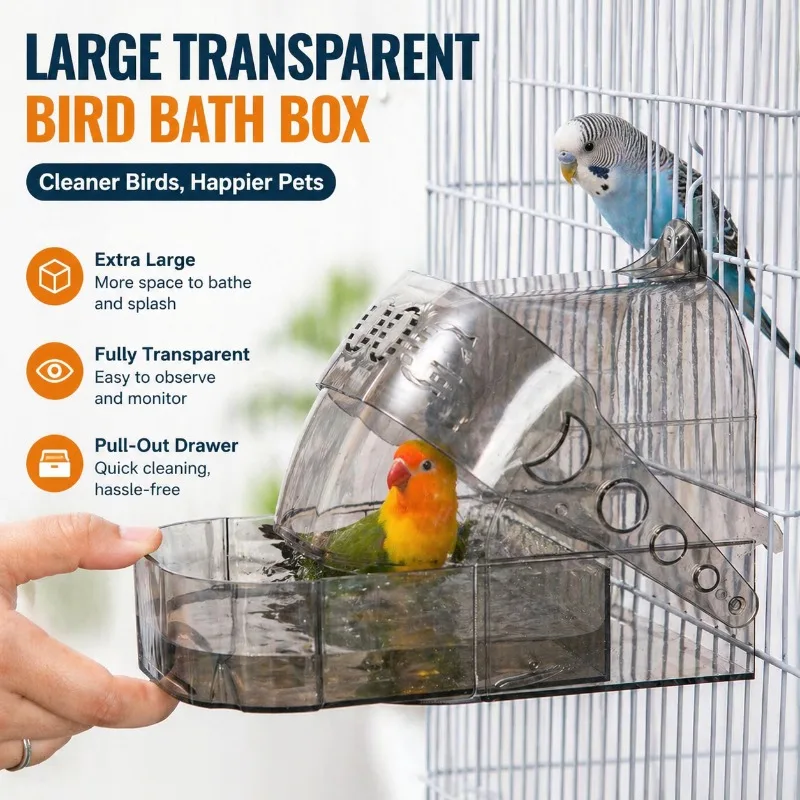 

Extra Large Transparent Bird Bath Box with Pull Drawer Breathable Structure Waterproof Smooth Container Effortless Replacement