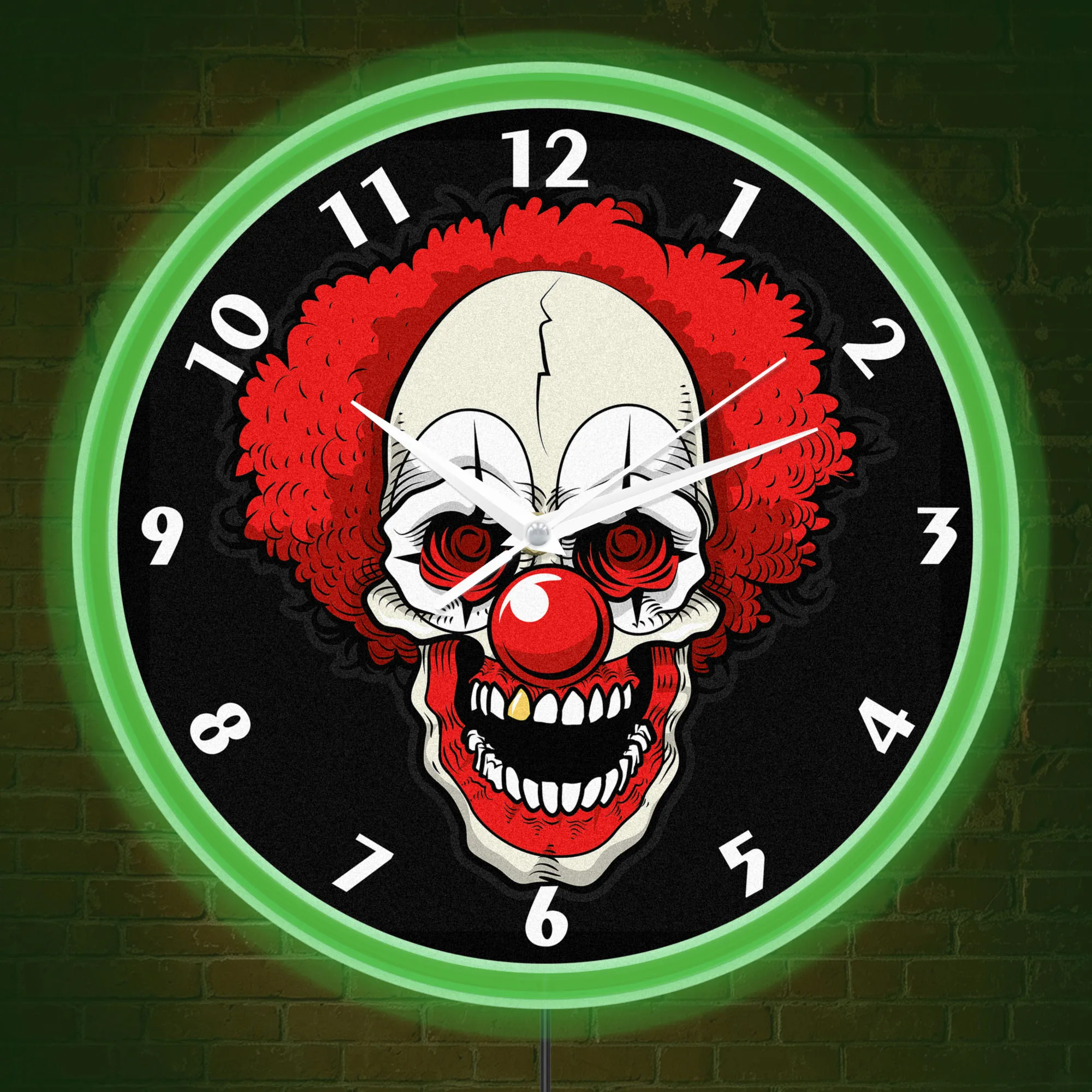Creepy Clown Skull LED Neon Lighting Wall Clock for Man Cave Game Room Halloween Horror Art Soft Neon Ambient Night Light Clock