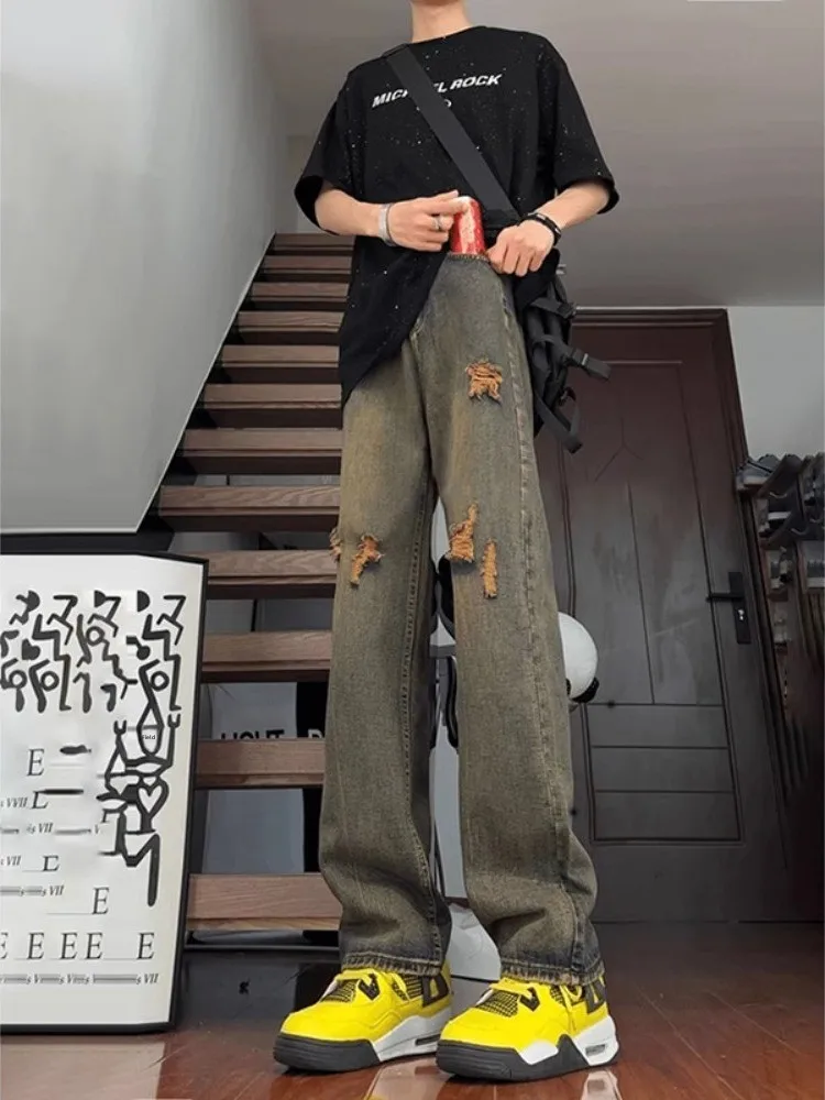 

American Retro Hole Denim Jeans High Waist Men's Summer Thin Extended Slim Workwear Straight Leg Pants Youth Fashion