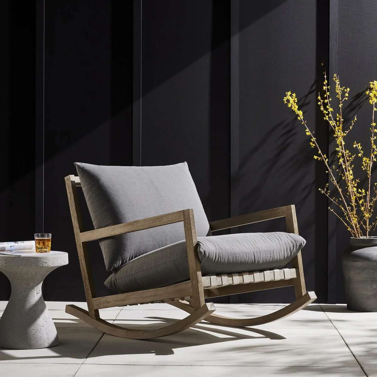Sleek Woven Knife Edge Cushion Teak Frame Traditional Transitional All Weather Chair Outdoor Rocking Chair