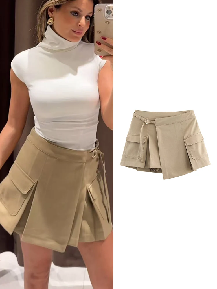 TFMLN Gonne corte stile safari da donna Cintura a vita alta Tasche cargo Pantaloncini Gonne Moda Gonne a trapezio Primavera Autunno Nuovo