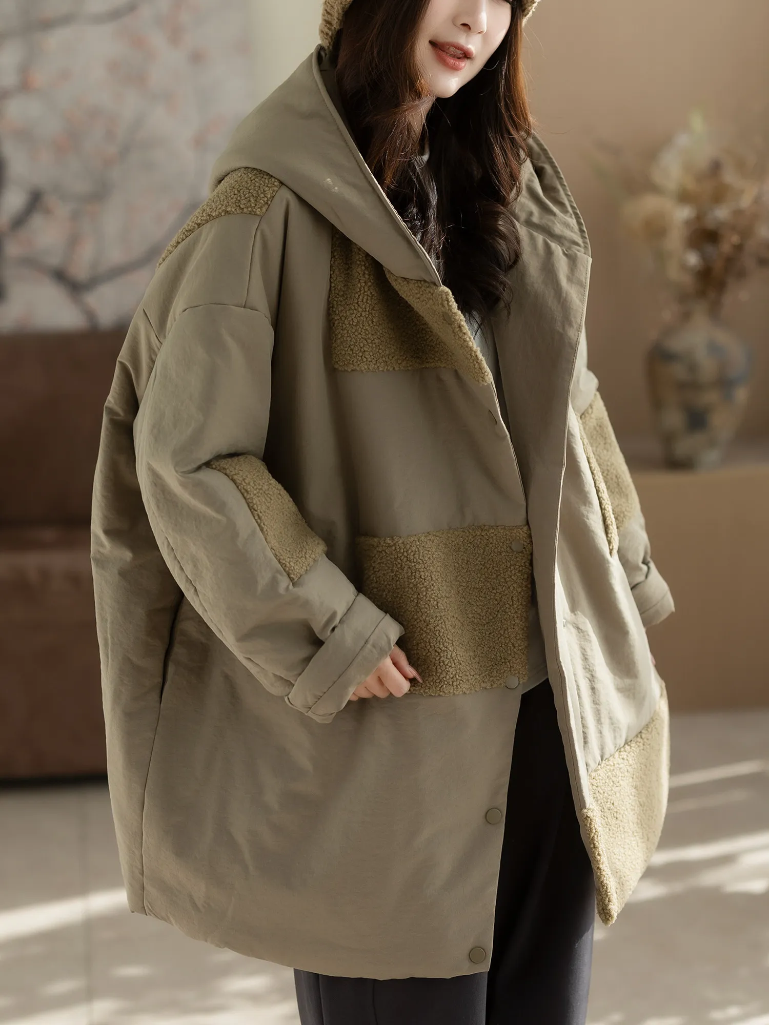 Winter Women's Down Cotton Jacket Loose Hooded Coat Windproof Splicing Cotton Jacket