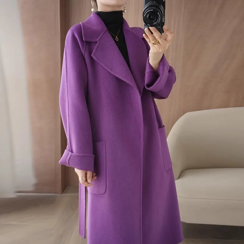 

2024 New Autumn/Winter 100% Double-sided Cashmere Coat Women's Loose Thicken Wool Overcoat Female Fashion Casual With Belt Coats