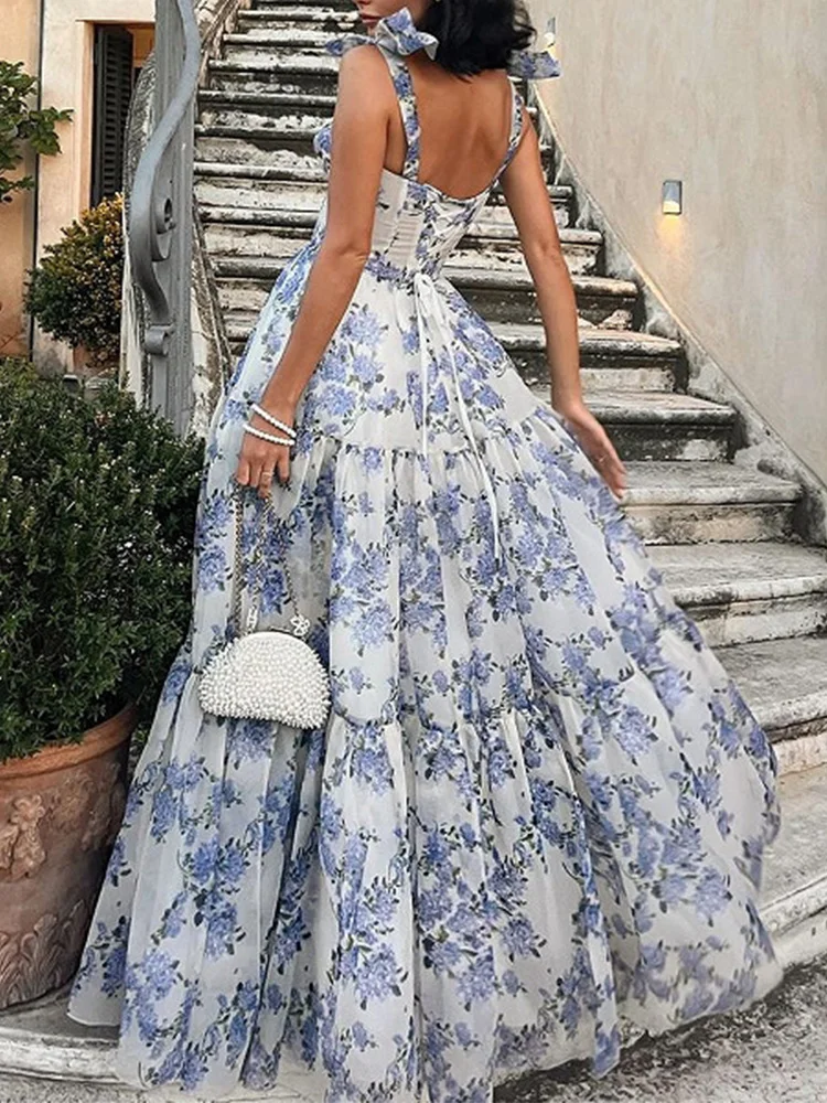 Floral Print Sleeveless Elegant Maxi Party Dress Women Backless Fit Flare Swing Long Dresses